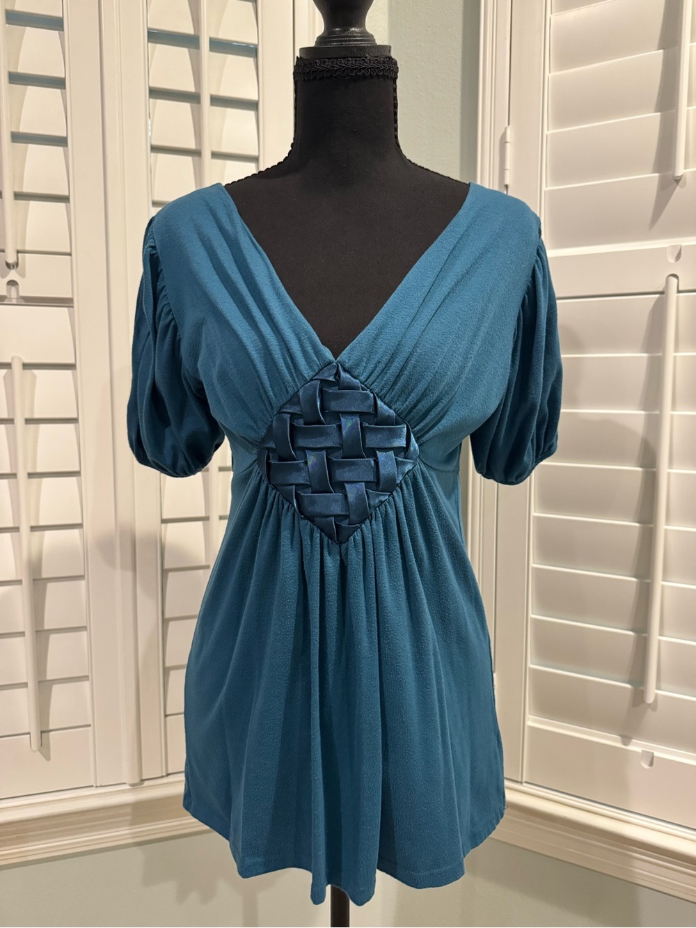 Daytrip Teal V-Neck Blouse with Woven Front Detail